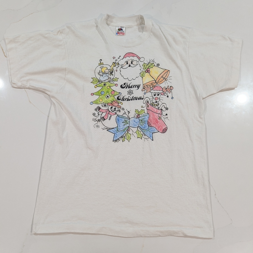 Vintage Merry Christmas White T-Shirt Single Stitch Fruit Of The‎ Loom 1990 USA